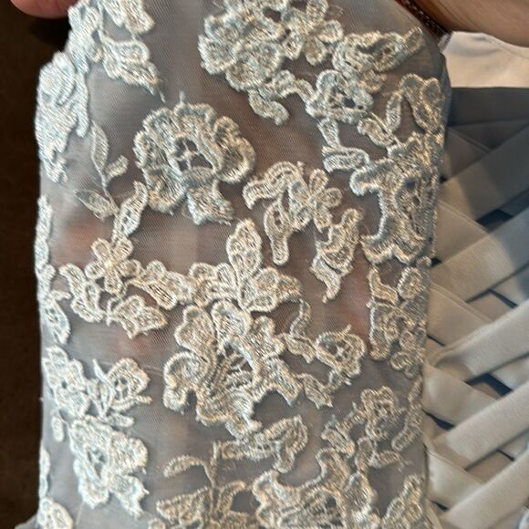 Women’s Pale Blue Off the Shoulder Chiffon Bridesmaid Dress Corset Size 16 NWOT - Picture 12 of 13
